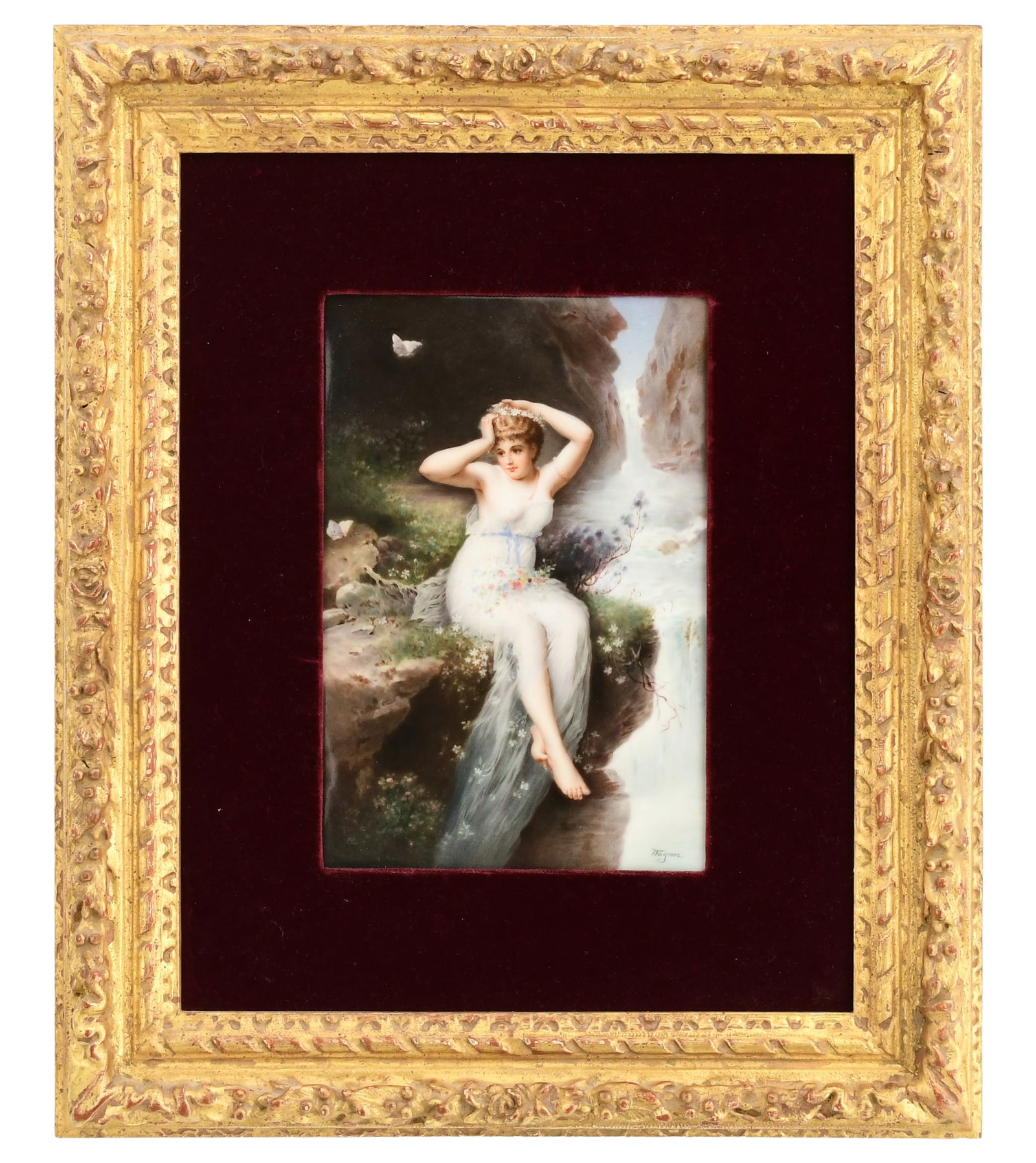 Berlin (K.P.M.) Plaque of a Woman by a Waterfall: Berlin (K.P.M.) Plaque of a Woman by a Waterfalllate 19th centurydepicting a woman seated by a waterfall amongst butterflies and flowers, impressed "K.P.M." with scepter mark, artist signed "Wagner"9