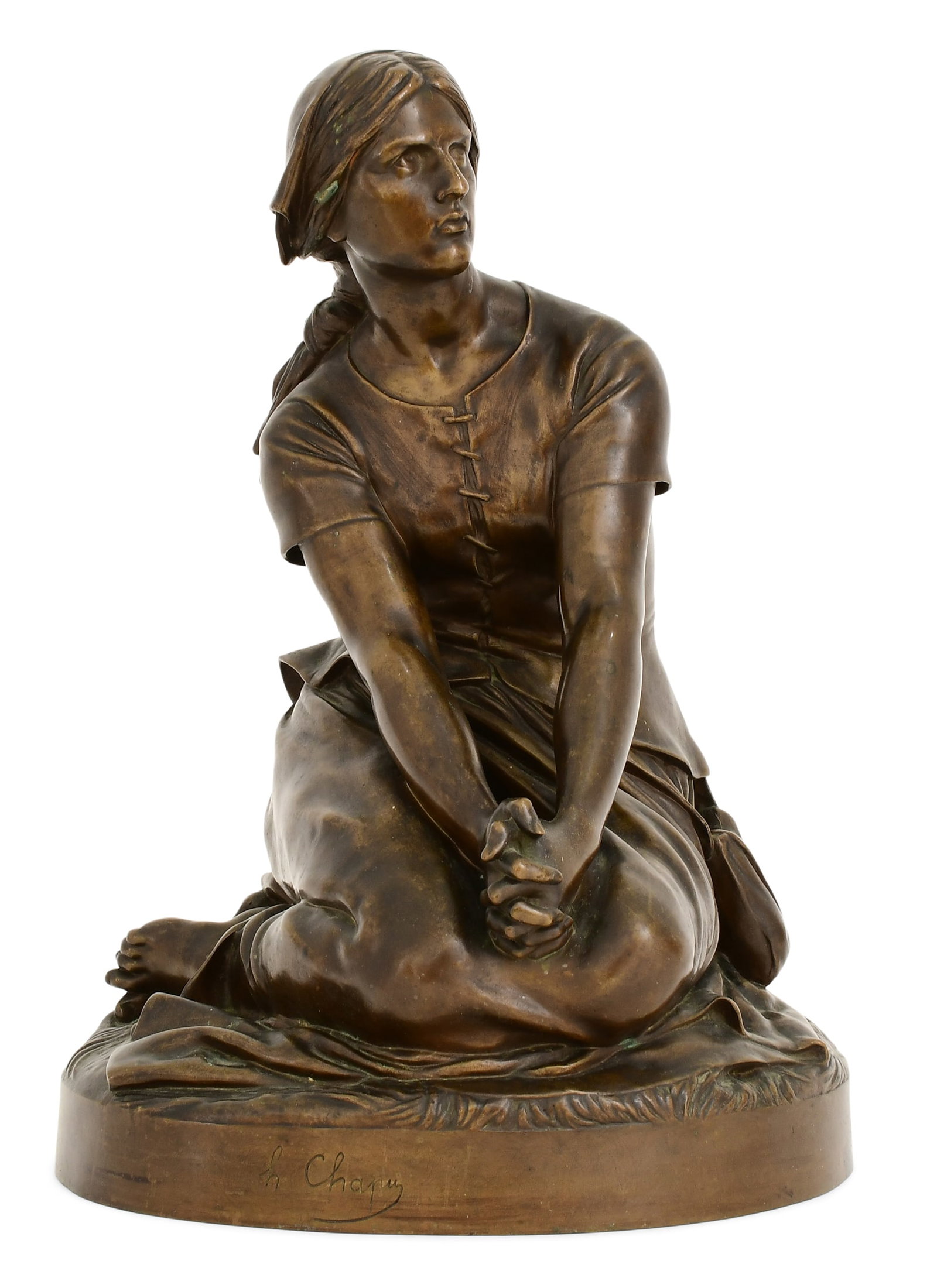 Henri Chapu (French, 1833-1891), "Joan of Arc at Domremy" Bronze Sculpture: Henri Chapu (French, 1833-1891) "Joan of Arc at Domremy" patinated bronze signed "H. Chapu" 18 x 12 1/2 x 11 inches Provenance: From a New England Private Collection