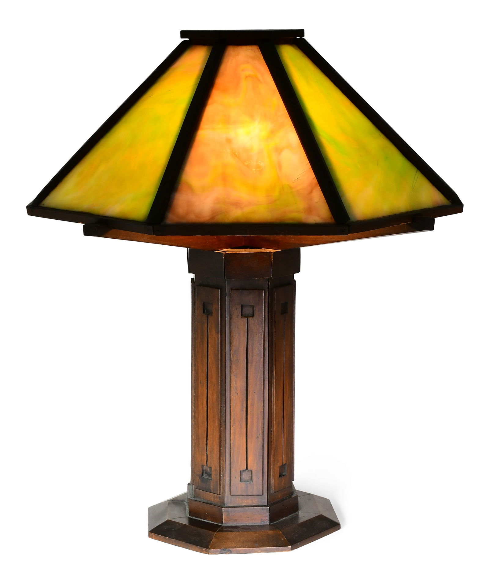 American Arts & Crafts Slag Glass & Walnut Table Lamp (1 of 5)