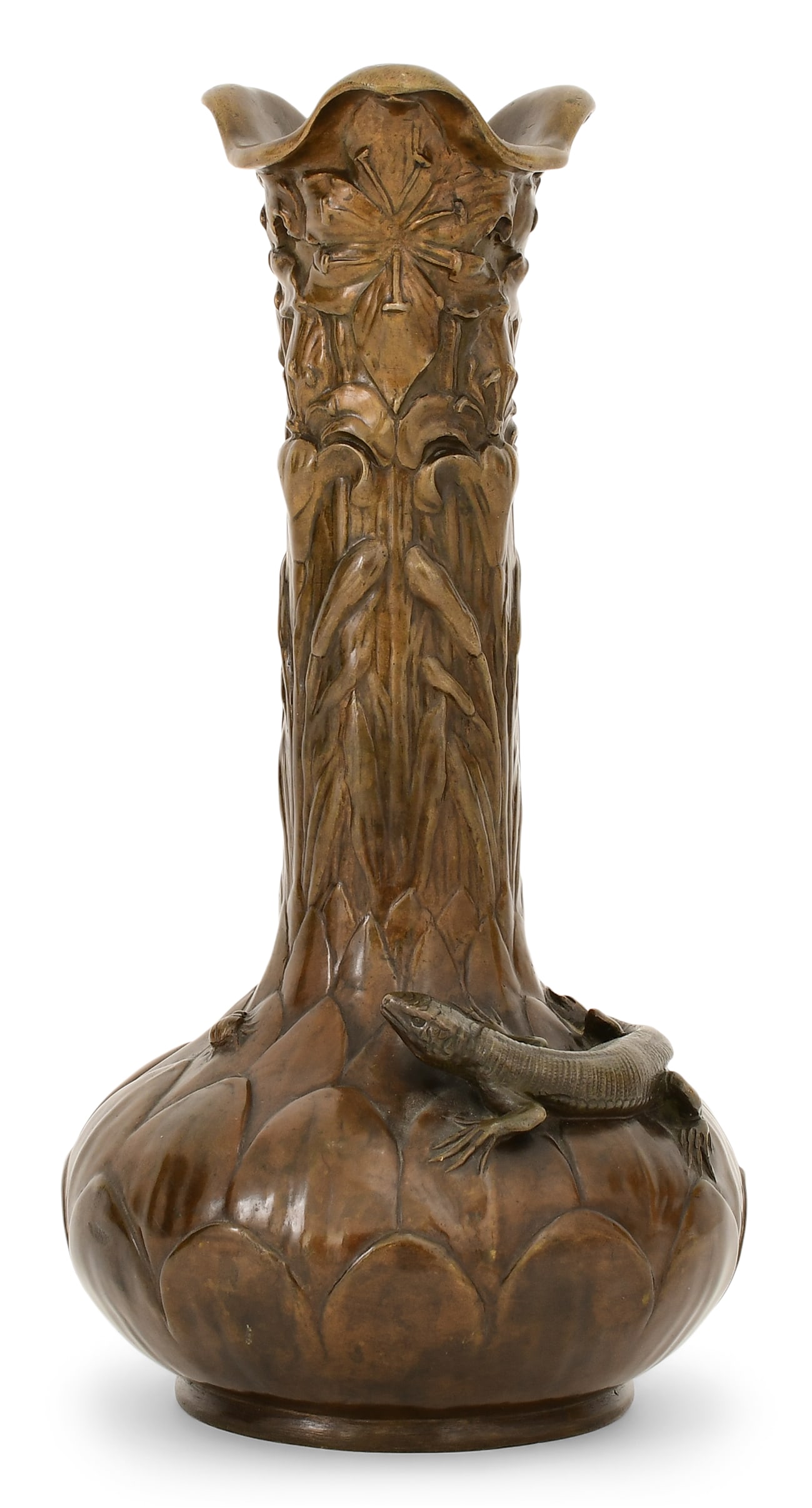 Alexandre Vibert (French, 1847-1909), Bronze Vase with Lizard: Alexandre Vibert(French, 1847-1909)Vase with Lizardpatinated bronzesigned "A. Vibert"15 1/4 x 7 1/4 inchesThe vase finely decorated with a lizard, beetle, flowers and foliateOther Notes: Fon