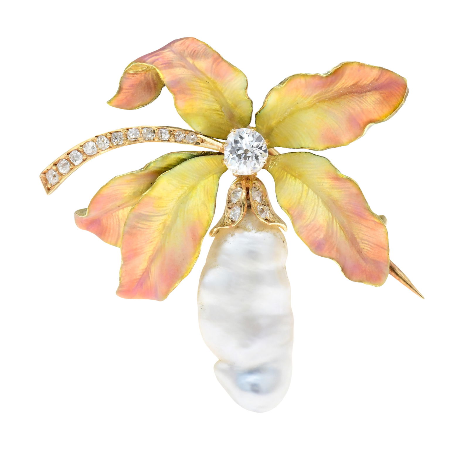 18K Yellow Gold, Enamel, Baroque Pearl & Diamond Brooch (1 of 2)