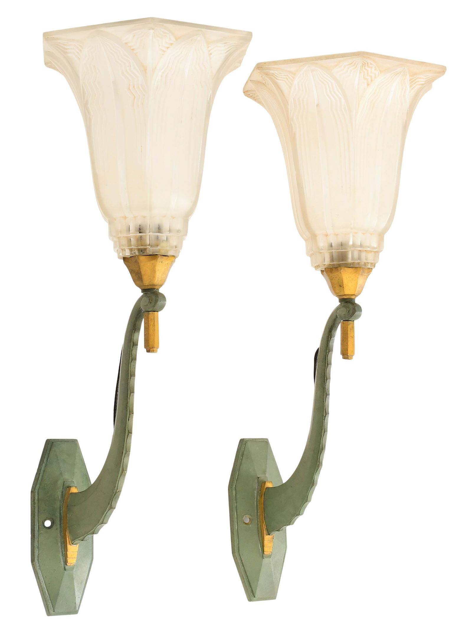 Pierre D'Avesn (French, 1901-1990), Pair of Bronze & Molded Glass Wall Sconces (1 of 6)