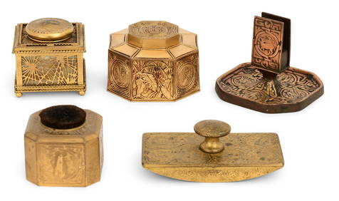 Tiffany Studios "Pine Needle" Inkwell, "Bookmark" Inkwell, "Venetian" Rocker Blotter, and a "Zodiac" (1 of 5)