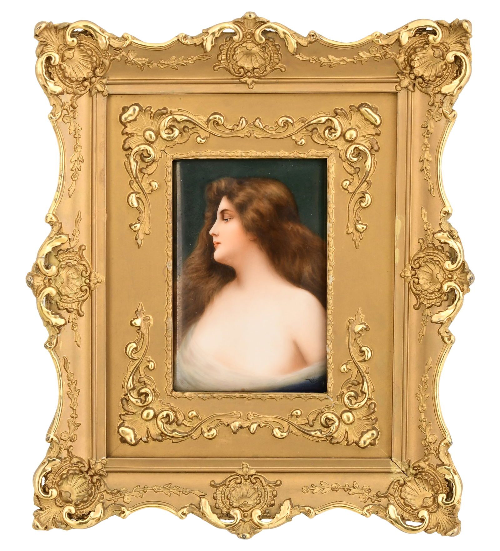 German Hand-Painted Porcelain Plaque of a Woman, "Erblüht" (1 of 6)