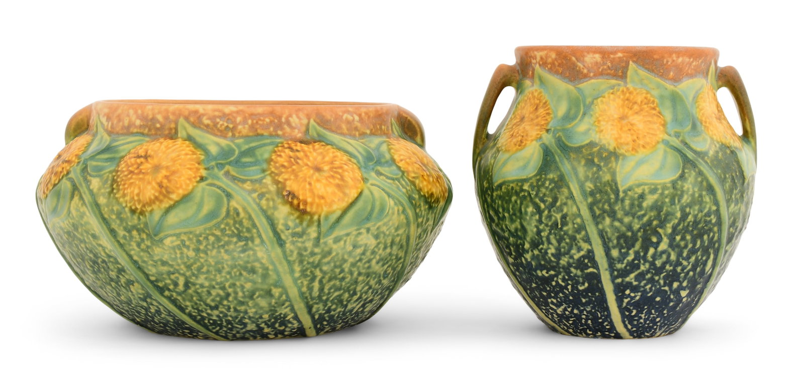 Roseville Pottery "Sunflower" Bowl & Vase: Roseville Pottery "Sunflower" Bowl & Vase early 20th century glazed earthenware unmarked 7 x 7 3/4 inches (largest) Provenance: The Ron Anderson Collection, Litchfield, Connecticut Other Notes: Fontai