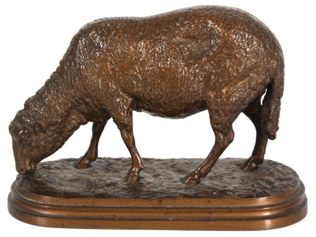 Rosa Bonheur Bronze Ewe (Sheep): Rosalie (Rosa) Marie Bonheur (1822-1899), Bronze Sheep. Bronze figure of an ewe grazing in the grass, a nice size with good detail, signed Rosa Bonheur; has a medium brown patina. 5.5 in high x 8 in. 