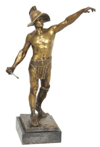 Ferdinand Lugerth Bronze Warrior: Ferdinand Lugerth (Turn of the Century, Austrian) Bronze Warrior. Standing figure of a warrior wearing classic sandals, shin armor on one leg, garments around his waist and a helmet, he stands holding