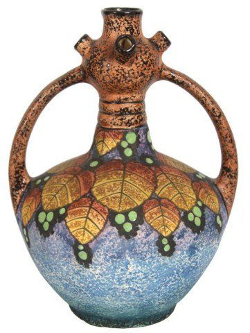 Amphora Czecho-Slovakia Vase: Amphora Czecho-Slovakia Vase. A boulbous body with a bottle form neck having a bulbous section at the top, sprouting with 4 small spouts at the sides and one large center spout branching upward; arche