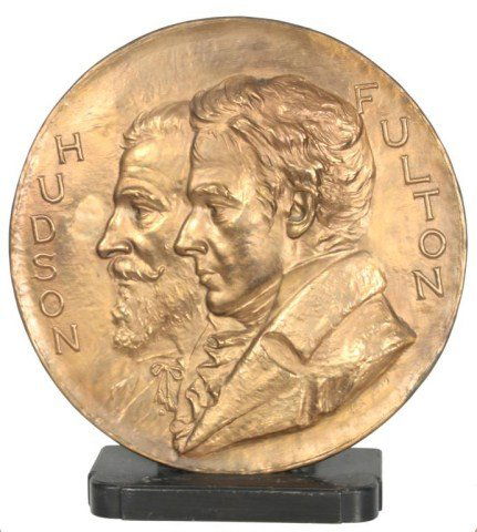 Lg. Hudson – Fulton Bronze Charger: Lg. Hudson – Fulton Bronze Charger. Dated 1909, of the Hudson-Fulton Celebration, in commemoration of Henry Hudsons 300th anniversary of his discovery of the Hudson River and of Robert Fultons 100th