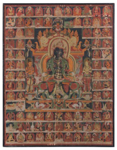 Indian Karishna Painting: Indian Karishna Tempura Style Painting on Canvas. The central theme of the painting depicts the Hindu God figure Karishna in a seated pose, the 88 figures surrounding her are shown in various poses. A