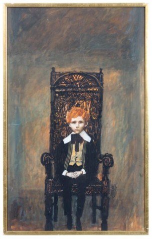 James Hill Portrait Painting: Signed James Hill Portrait Painting. Mixed media on paper, portrait of a young boy seated in a throne style chair. Signed along the right edge of the chair, James Hill. In good overall condition with 