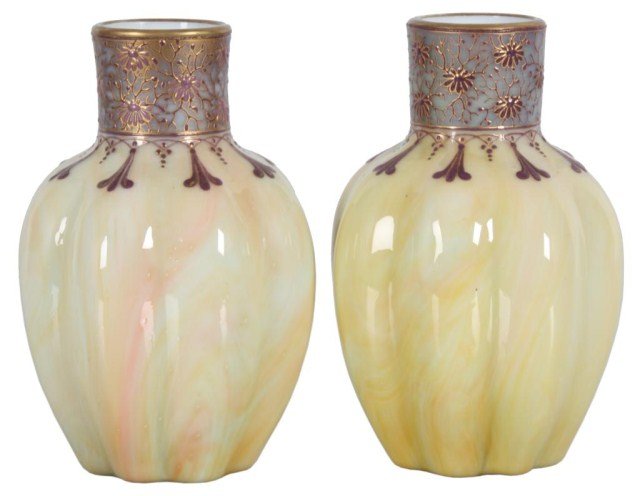 Pr Victorian Enamel Gourd Vases: Pr Victorian Enamel Gourd Vases. Bulbous gourd shaped body with vertical ribs and a conical neck with purple enamel border having gilt embellishments and opalescent background. Formed in a cream color