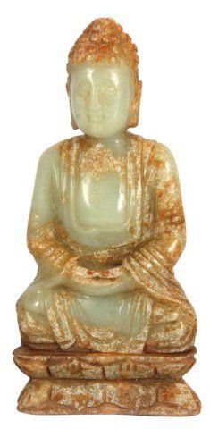 Green Jade-Like Stone Guanyin: Green Jade-Like Stone Guanyin. Carved green stone with orange striations, seated figure of Guanyin. Later part of the 20th C. 7.25 high x 3.5 in. wide x 1.5 in. deep