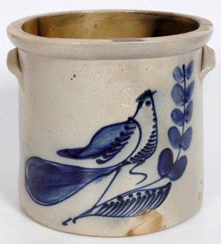 3 Gallon Stoneware Cobalt Crock: Signed White & Wood, Binghamton, Ny; cobalt decorated on the front with a large running bird and branch design. 3 Gallon, 10 in. high x 11.5 in. dia. No chips, hairline in base does not branch upwards