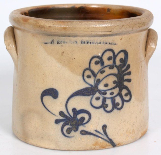 3 Gallon Stoneware Cobalt Crock: W. Roberts. Binghamton, Ny; cobalt decorated with a large flower on the front. 1 Gallon, 7 in. high x 8.5 in. dia. Chip in handle, surface crazing on side.