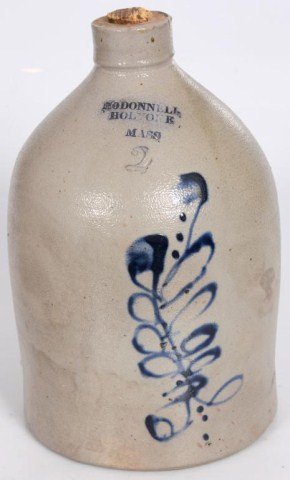 2 Gallon Stoneware Cobalt Jug: Signed J. O Donnell, Holyoke, Mass; decorated with a leaf design on the front. 2 Gallon, 14 in. high. No chips.