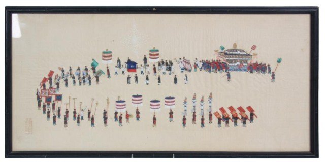 Imperial Precession Painting On Silk: Imperial Precession Chinese Painting On Silk. Large mobile hut at the rear of the line and a parade of servants; a colorful scene with Chinese characters telling the story, at the bottom left. In very