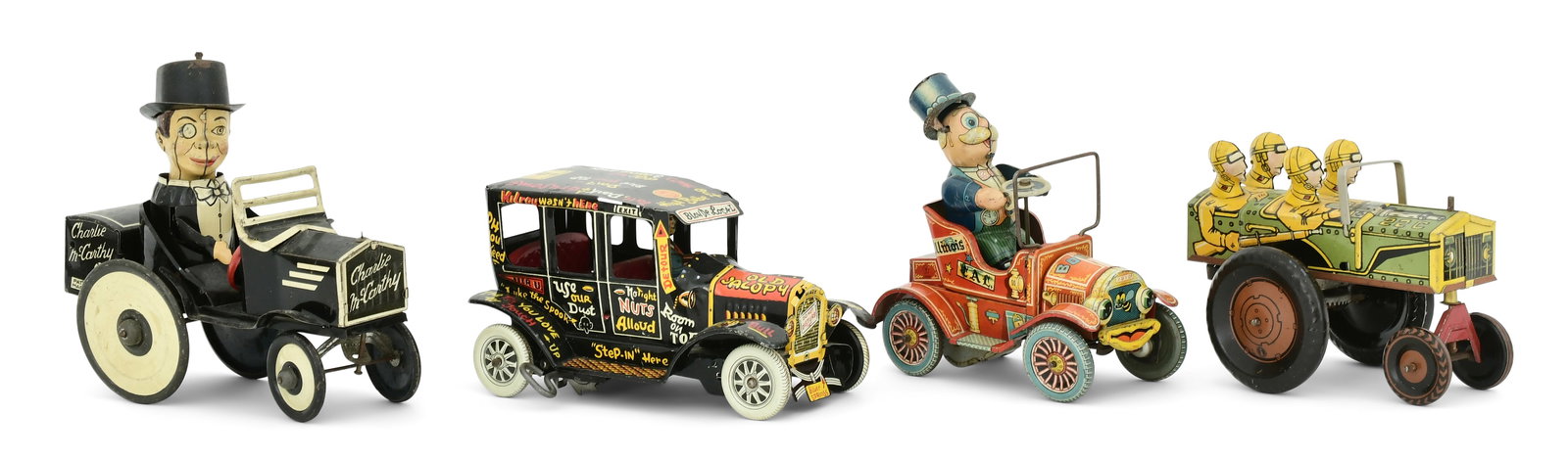 Lot of Four Tin Wind-Up Toys: Lot of Four Tin Wind-Up Toysearl-to-mid-20th centurycomprising a Louis Marx & Co. Charlie McCarthy in his Benzine Buggy, Old Jalopy and Jumpin Jeep, and a Yonezawa Grand-Pas New Car6 1/4 x 8 x 3 inche