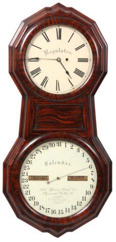 Seth Thomas Office Calendar No. 1: Seth Thomas Office No. 1 Calendar Wall Clock. 12 in. painted dial with Roman hour numerals, marked on the dial - Regulator, blued spade hands, dial is in good condition, has some typical chipping arou