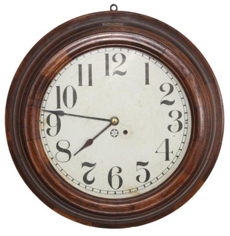 New Haven Hanging Gallery Clock: New Haven Hanging Gallery Clock. The large 16 in. paper dial on zinc back has a 14 in. chapter ring with black Arabic hour numbers, spade hands and is signed New Haven Clock Co. Has a brass, spring dr