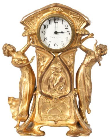 New Haven Novelty Clock - Harwich: New Haven Novelty Clock - Harwich. 2.5 in porcelain dial with black Arabic numbers, signed The New Haven Clock Co. New Haven, Conn. – black spade & diamond hands; 8 day, spring driven, time only mov