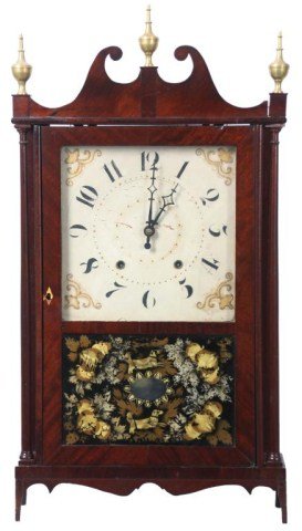 Chauncey Ives Pillar & Scroll Clock: Chauncey Ives Pillar & Scroll Clock. Painted wood dial has a faded 10 in. chapter ring with black Arabic hour numbers and gilt spandrels, fancy black pierced hands; wooden works movement has count whe