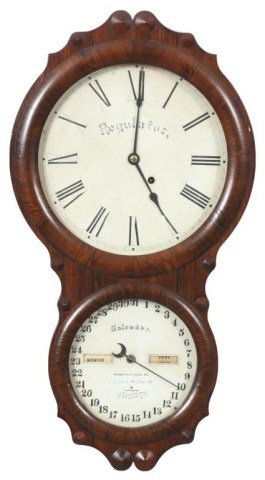 Seth Thomas Office #4 Double Dial: Seth Thomas Double Dial Office Calendar No. 4 wall Clock. 12 in. painted metal dial (replaced) with black Roman hour numerals, blued spade hands, 8 in. lower calendar dial (replaced) with 31 date Arab