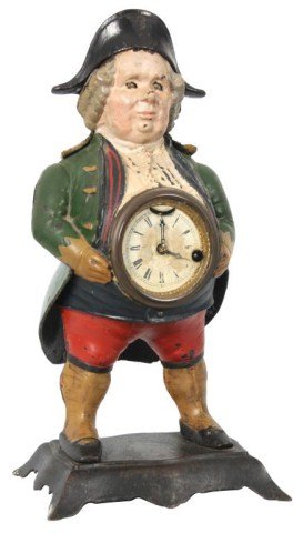 Bradley & Hubbard Blinking Eye Clock: Bradley & Hubbard Blinking Eye Clock. Continental Blinking Eye Clock. Figural painted cast iron case depicts a man wearing a green jacket, red trousers with tan socks and a hat. Paper dial with black 