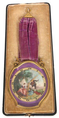 Ateliers Juvenia Brass Pendant Clock: Ateliers Juvenia Brass Pendant Clock. Gilt brass case, Swiss made, has a painted ivory dial with a classical French scene of a man playing a stringed instrument for 2 woman seated in the garden; has a