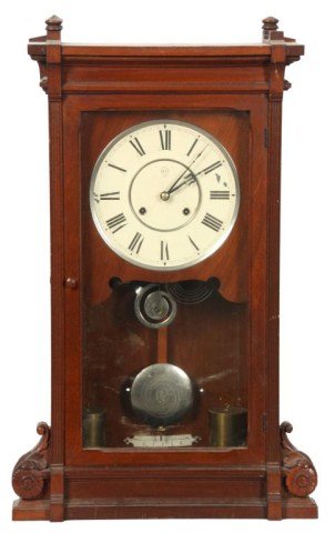 Seth Thomas Mantle Clock – Lincoln: Seth Thomas Mantle Clock – Lincoln. 8 in. painted metal dial with silvered bezel, fancy blued hands; weight driven movement No. 14 3/4, has pyramidal plates, count wheel strike mechanism, brass pull