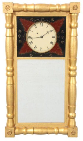 New Hampshire Mirror Clock: New Hampshire Mirror Clock (20th C.), 7 in. painted metal dial with black Roman hour numerals & black hands; Signed Kilbourn & Proctor, brass weight driven movement, No. 832, has brass pulleys, brass 