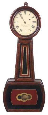 E. Howard No. 5 Banjo Clock: E. Howard No. 5 Banjo Clock. 7 in. painted metal dial, has black Roman hour numerals, signed E. Howard & Co. Boston, open moon hands; brass weight driven movement signed E. Howard & Co. Boston, has re