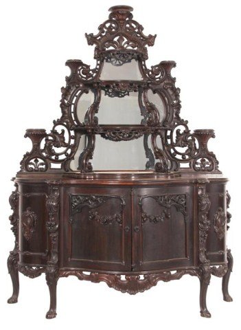 Bembe & Kimbal Rosewood Etegere: Rosewood Rococo elaborate carved cabinet base Etegere Attr. Bembe & Kimbal, Circa 1850. Etagere features fruit carved legs, floral carvings on the front and elaborate floral and scroll carved mirrored