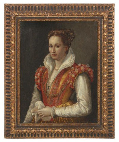 Agnolo Bronzino Oil On Wood Panel: Attr: Agnolo Bronzino (1503-1572, Italy) Oil on Wood Panel Portrait - La Princesse D' Este. Beautiful 16th century portrait of a woman wearing a jeweled hair piece, pearl necklace, ruffled collar and