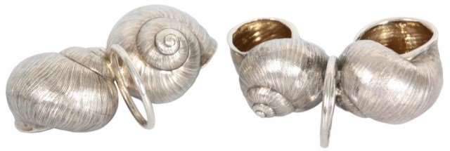 Pr. Pierre Queille Sterling Servers: Pr. Pierre Queille French Sterling Servers. Sterling silver escargot servers in the form of a double snail shell attached to a ring handle with a gold washed interior. French Minerva sterling silver m