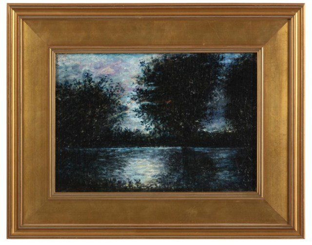 R.A. Blakelock O/B Luminous Landscape: Ralph Albert Blakelock (1847-1919) Oil Painting on Mahogany Board. A moonlit scene with silhouetted trees and brush, the colorful glowing sky reflects on the lake in tones of white, purple & blue. Sig