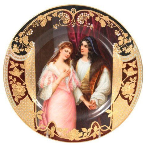 Royal Vienna Plate – Raphael w. Fornarina: Royal Vienna Plate – Raphael w. Fornarina. 9.5 in. Plate, hand painted depiction of Raphael with Fornarina (the bakeress), his Roman mistress know as Margarita Luti; has beautiful gilt embellishment