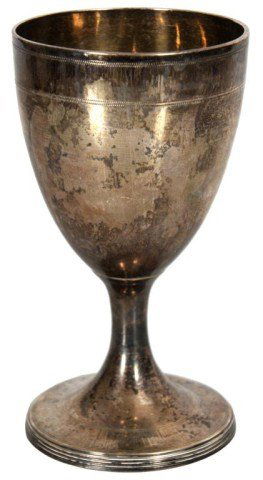 18th C. English Sterling Silver Goblet: 18th C. English Sterling Silver Goblet. Has an egg shaped bowl; with tapered stem and round trumpeted base, etched borders at the rim and foot and a gold washed interior. Signed with English hallmarks