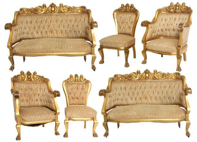 6 Pc. French Gilt Carved Parlor Set: 6 Pc. French Gilt Carved Parlor Set; 2 Settees, 2 armchairs and 2 sidechairs; carved crests with winged mermaid figures on either side of a center medallion, serpentine arms with leaf carving at the k