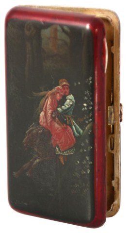 19th c. Russian Silver and Lacquered Hand Painted Box: 19th c. Russian Silver and Lacquered Hand Painted Box. The silver case has a ruby red lacquered background and is hand painted on the lid with a scene of a man and woman, racing through the night on h