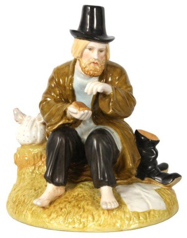 Gardner Imperial Russian Porcelain Figure: Gardner Imperial Russian Porcelain Figure. Porcelain Russian figure of a seated man, taking a rest to eat, he has his boots off to the side and his belongings tied in a cloth; titled – The Halt. In