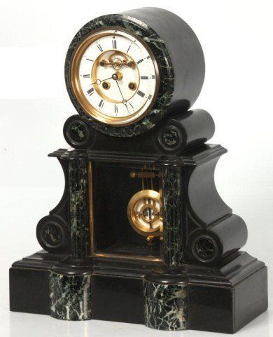 Large French Marble Mantle Clock: Large French Marble Mantle Clock. 5 in. Recessed porcelain dial with black Roman hour numerals on the chapter ring, black open moon hands, exposed Brocot escapement with jeweled pallets and brass beze