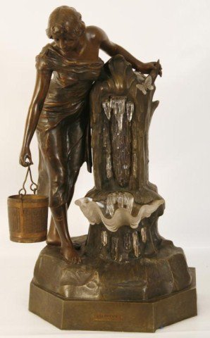 Alfred Foretay Lamp - A La Fontaine: Alfred Foretay (1861-1944, Swiss) Figural Lamp - A La Fontaine. Beautiful white metal lamp titled - a la Fontaine (at the fountain), depicts the figure of a woman leaning against a well, she is settin