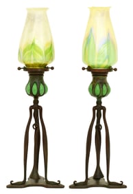 Pair of Tiffany Studios Blown Glass Candlesticks with "Pulled Feather" Shades