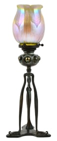 Tiffany Studios "Jeweled" Tripod Candlestick with "Pulled Feather" Shade