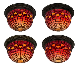 Set of Four Tiffany Studios "Vine Border & Turtle-Back" Ceiling Lights