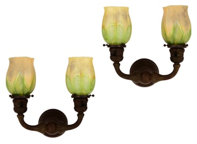 Pair of Tiffany Studios Two-Light Sconces with "Pulled Feather" Shades