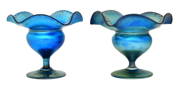 Two Tiffany Studios Blue Favrile Glass Compotes