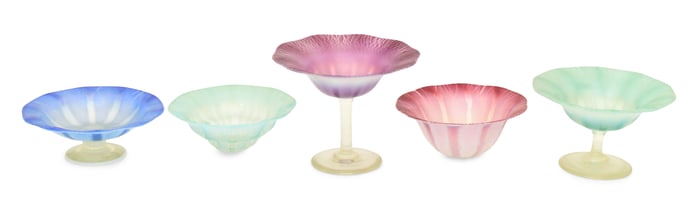 Tiffany Studios Pastel Favrile Glass, Three Compotes and Two Bowls