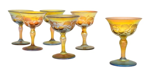 Set of Six Tiffany Studios Intaglio-Cut Cordial Glasses